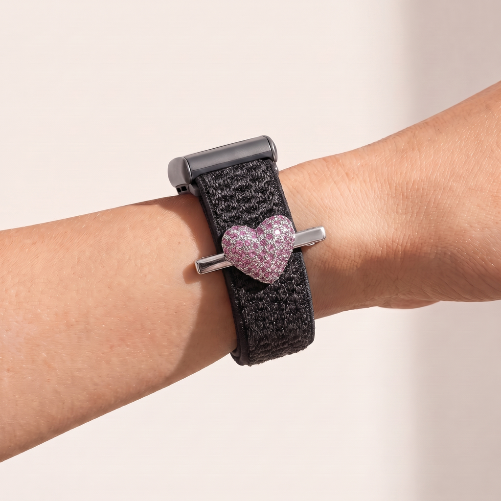 Charm Clip · Pink Heart, silver worn on a knit band