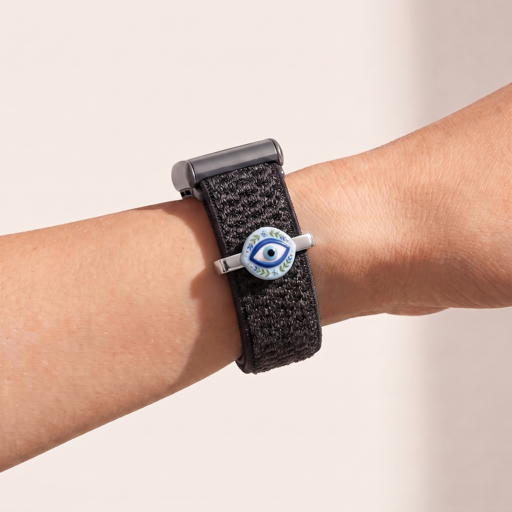 Charm Bar · Evil Eye worn on a knit band